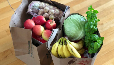 21-day cleanse groceries in paper bags.