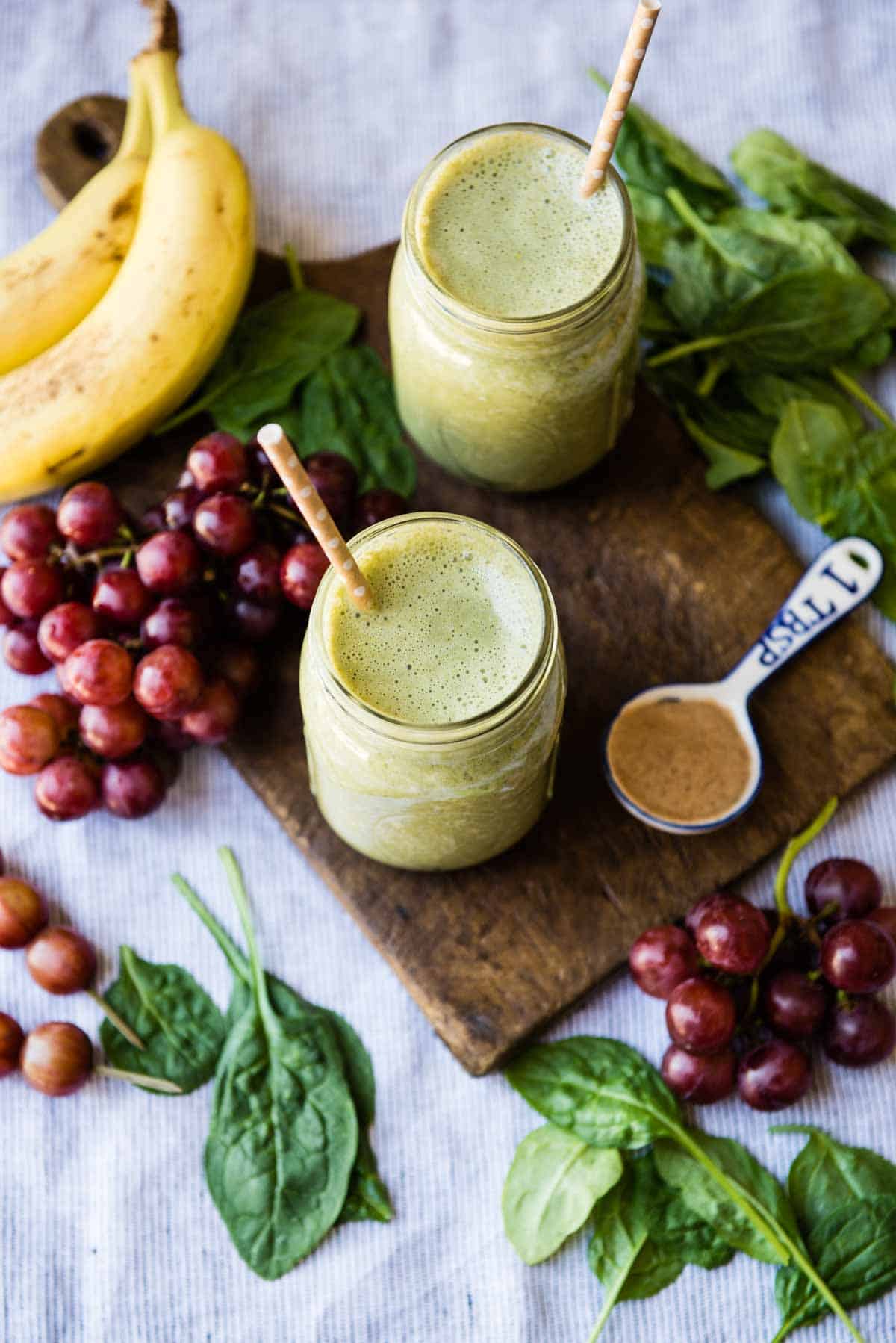 banana almond butter smoothie in mason jar