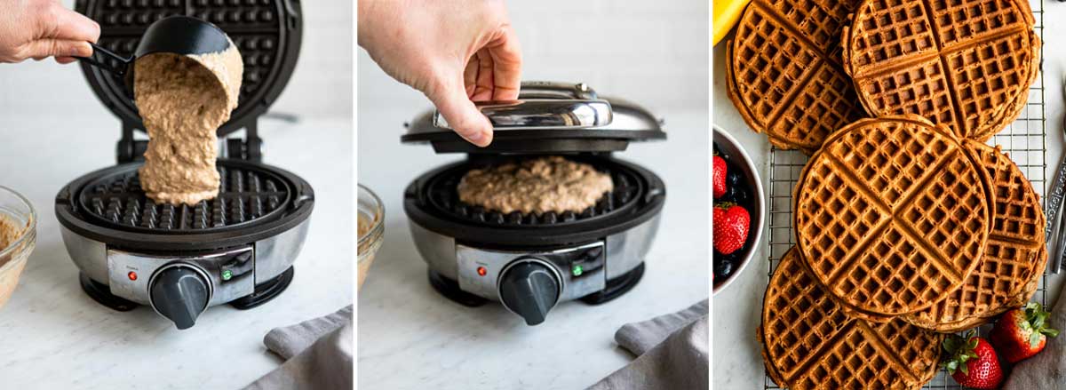 pouring batter into a waffle iron, cooking the batter, then putting the waffles on a cooling tray.