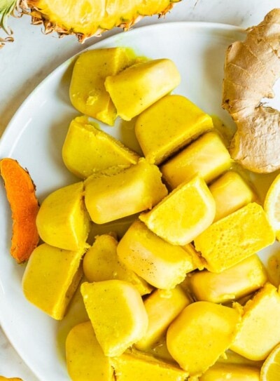 anti-inflammatory blender bombs on a white plate.