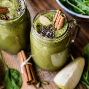 A warm chai smoothie in mason jar.