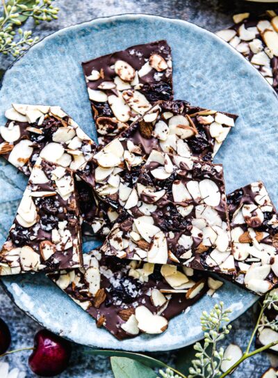 Cherry Chocolate Bark om blue plate