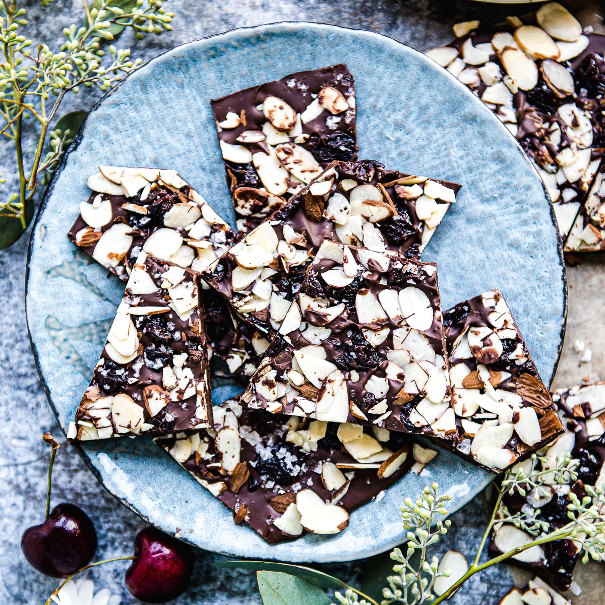 Cherry Chocolate Bark om blue plate