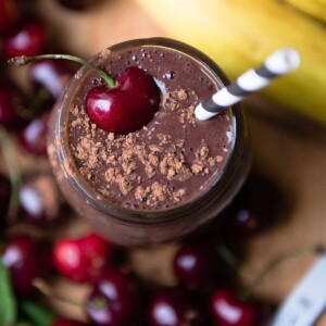 Chocolate cherry smoothie with a cherry on top.