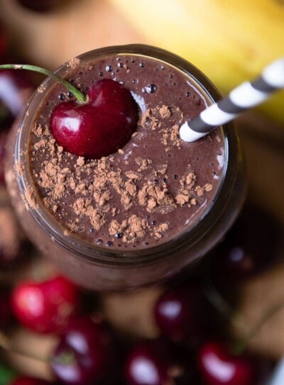 Chocolate cherry smoothie with a cherry on top.