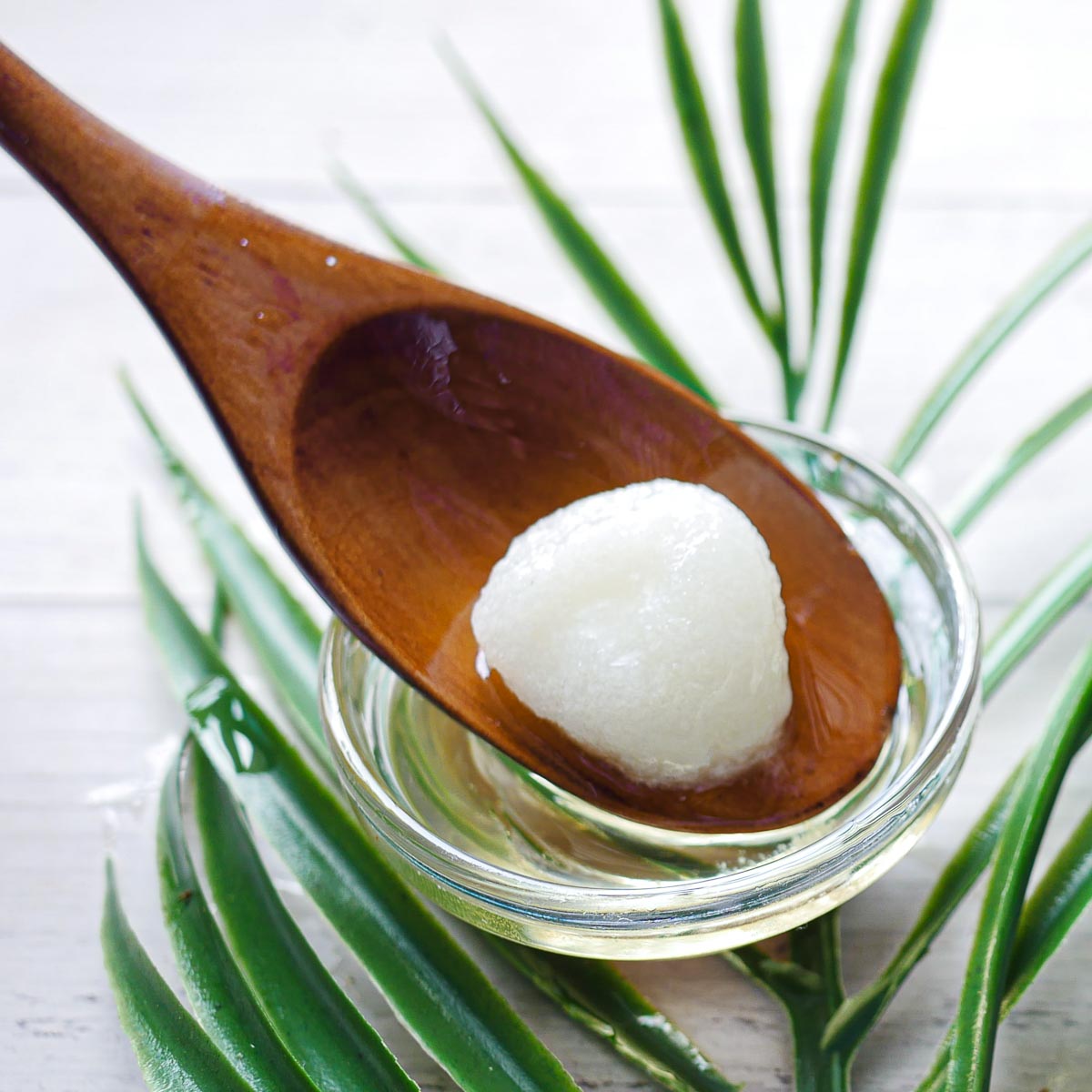 a wooden spoon with solid coconut oil sitting in it.