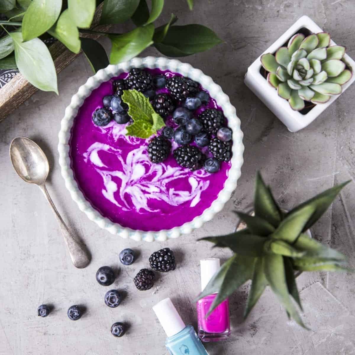 Dragon Fruit Smoothie Bowl with blueberries and blackberries