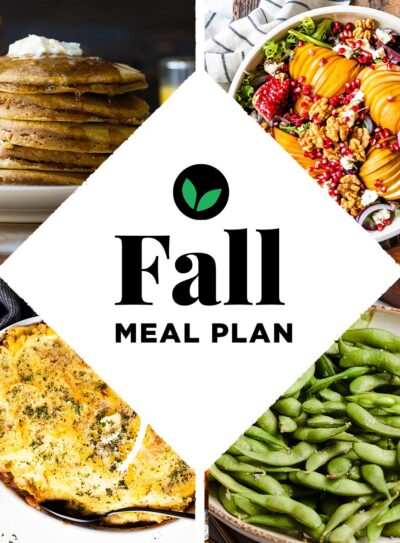 white diamond box that says Fall Meal Plan overtop pumpkin pancakes, salad, shepherd's pie and edamame.