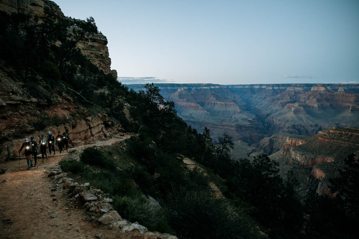 View at dusk of a Grand Canyon Rim to Rim hike on Bright Angel Trail.