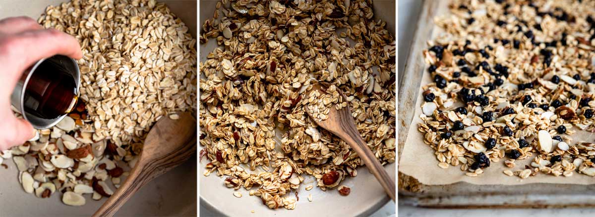 healthy granola recipe steps: adding maple syrup, mixing while baking, adding dried blueberries at the end.