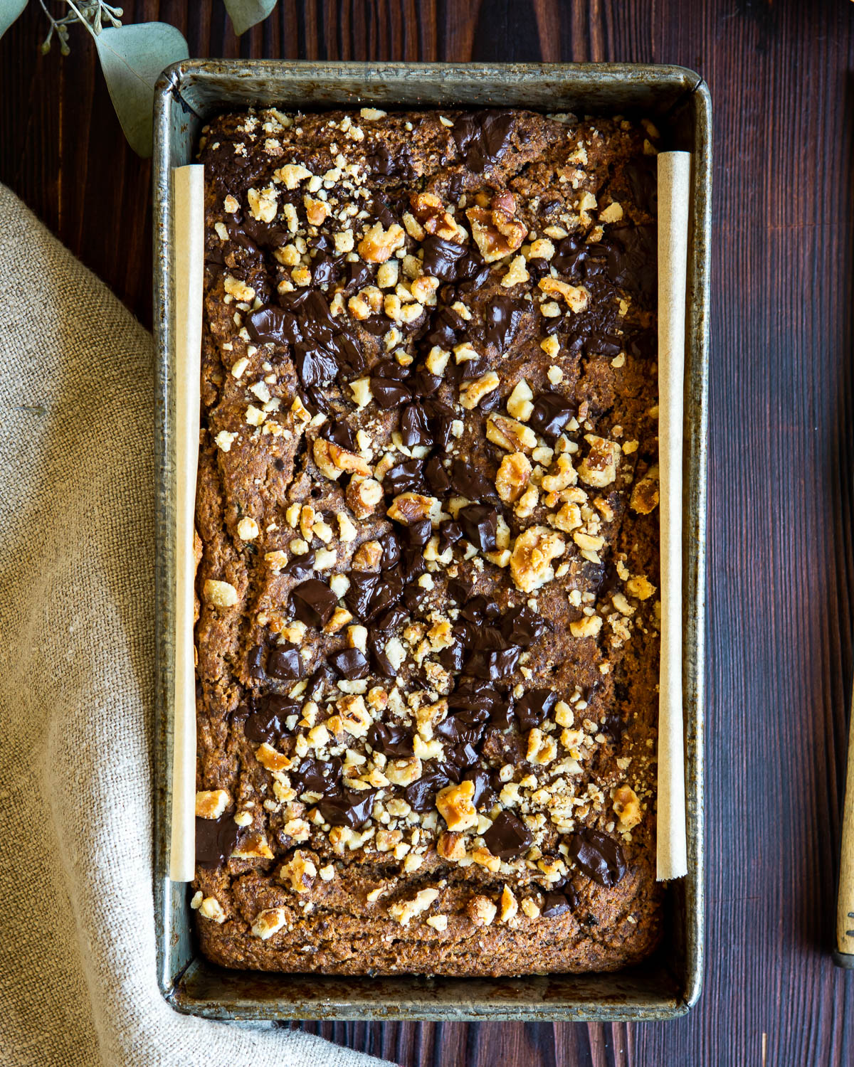 finished healthy zucchini bread in a loaf pan.