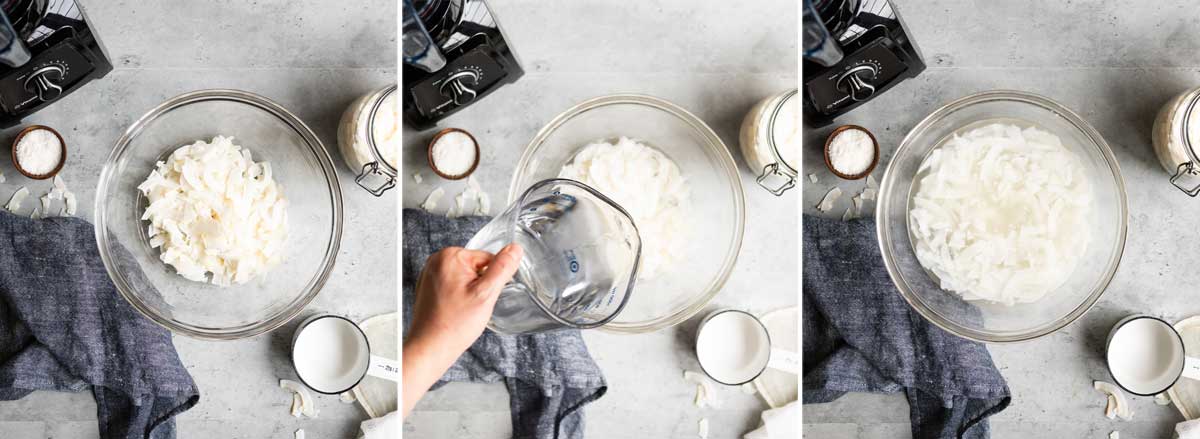 a glass bowl with coconut flakes, then water getting poured over them, then the flakes soaking in the water.