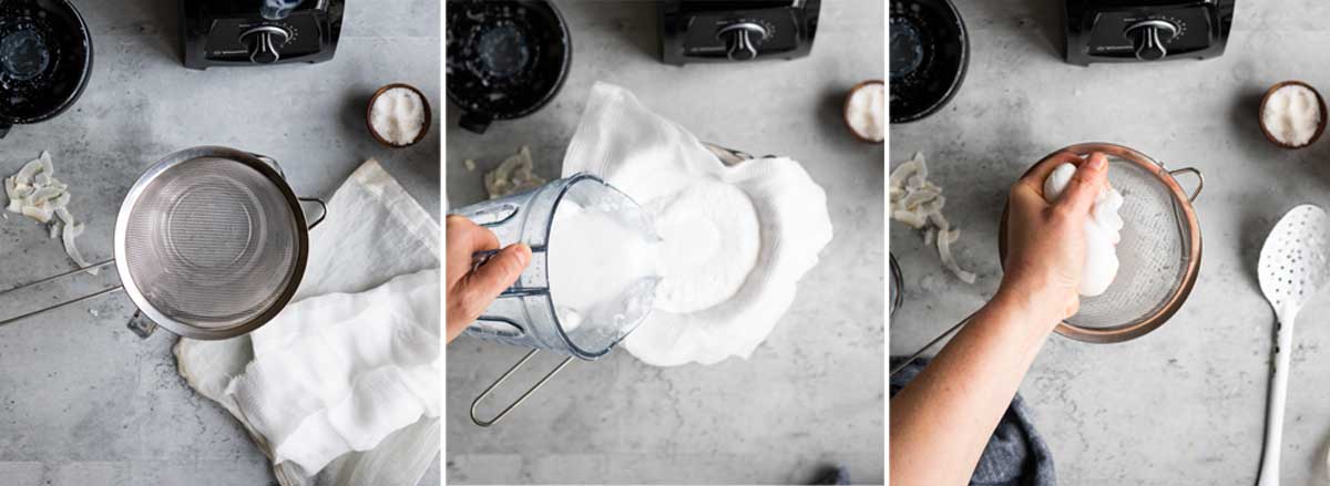 straining homemade beverage through a cheesecloth and a strainer into a glass measuring cup, to separate the pulp.