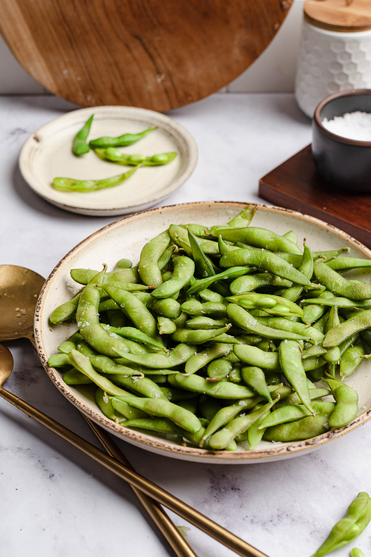 plate of edamame with sea salt.