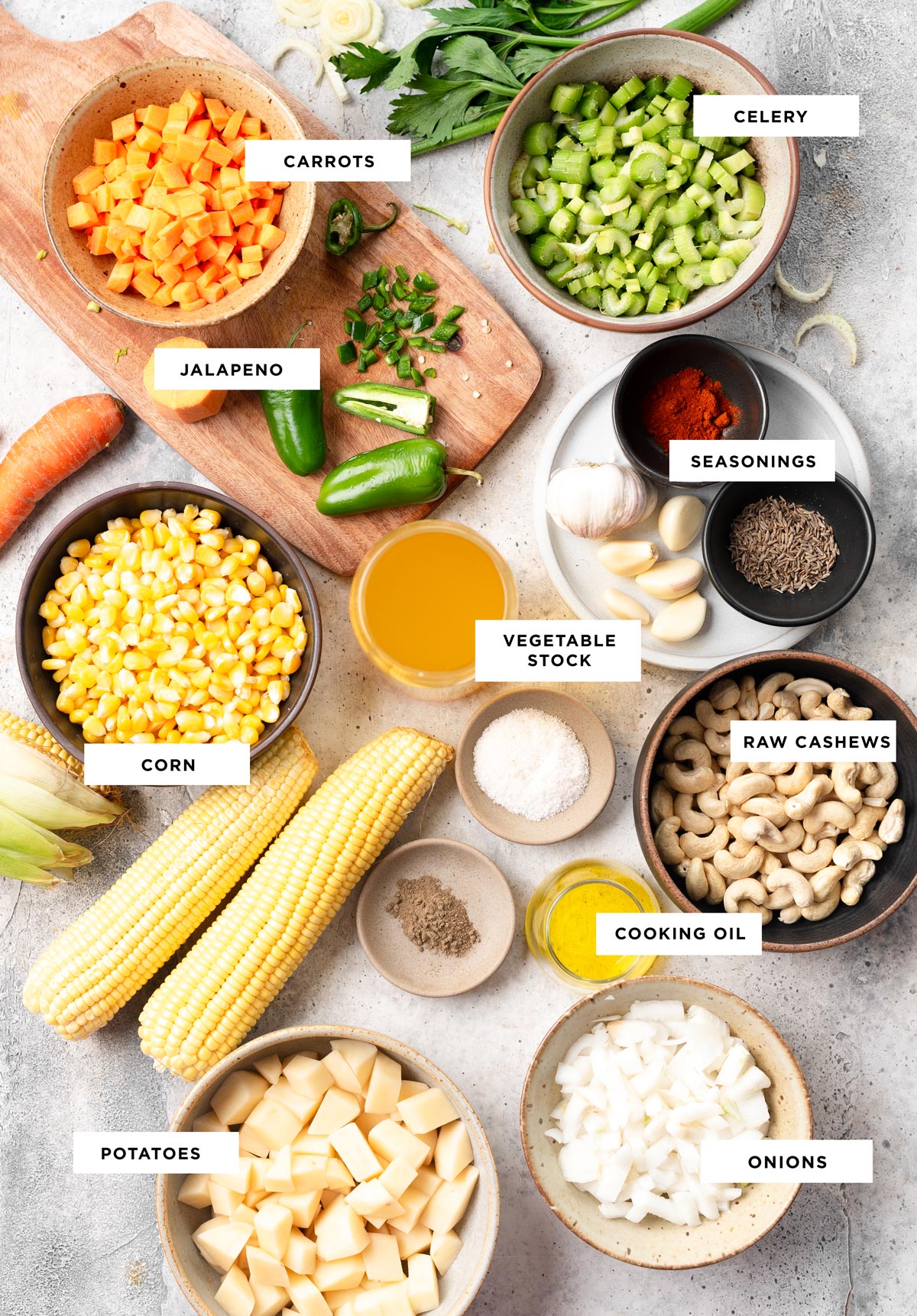 Ingredients for vegan corn chowder recipe.