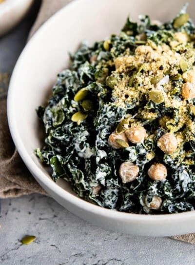 kale caesar salad with garlic lemon aioli.