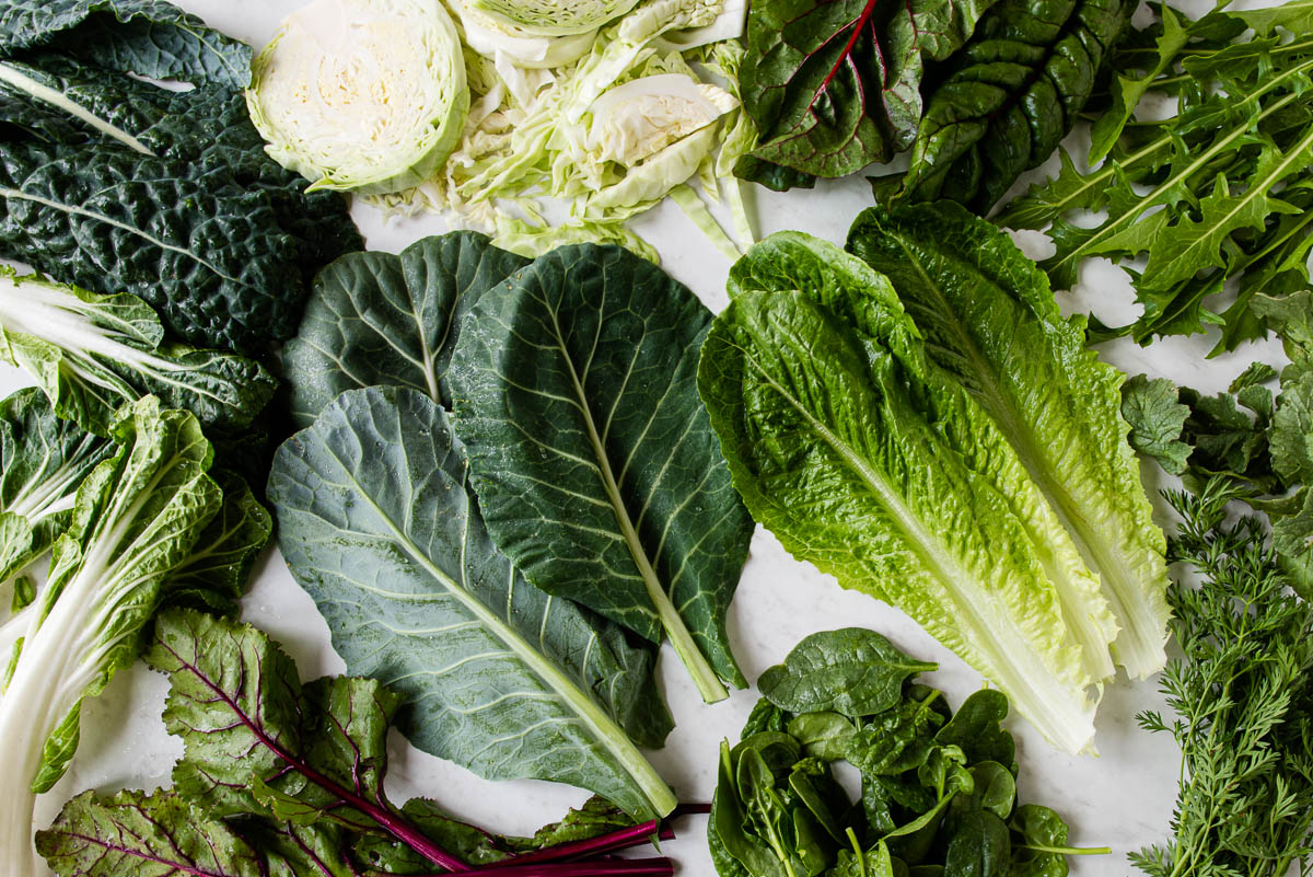 several kinds of leafy greens laid out on a white counter including cabbage, kale, Swiss chard, lettuce, carrot tops, arugula and spinach.