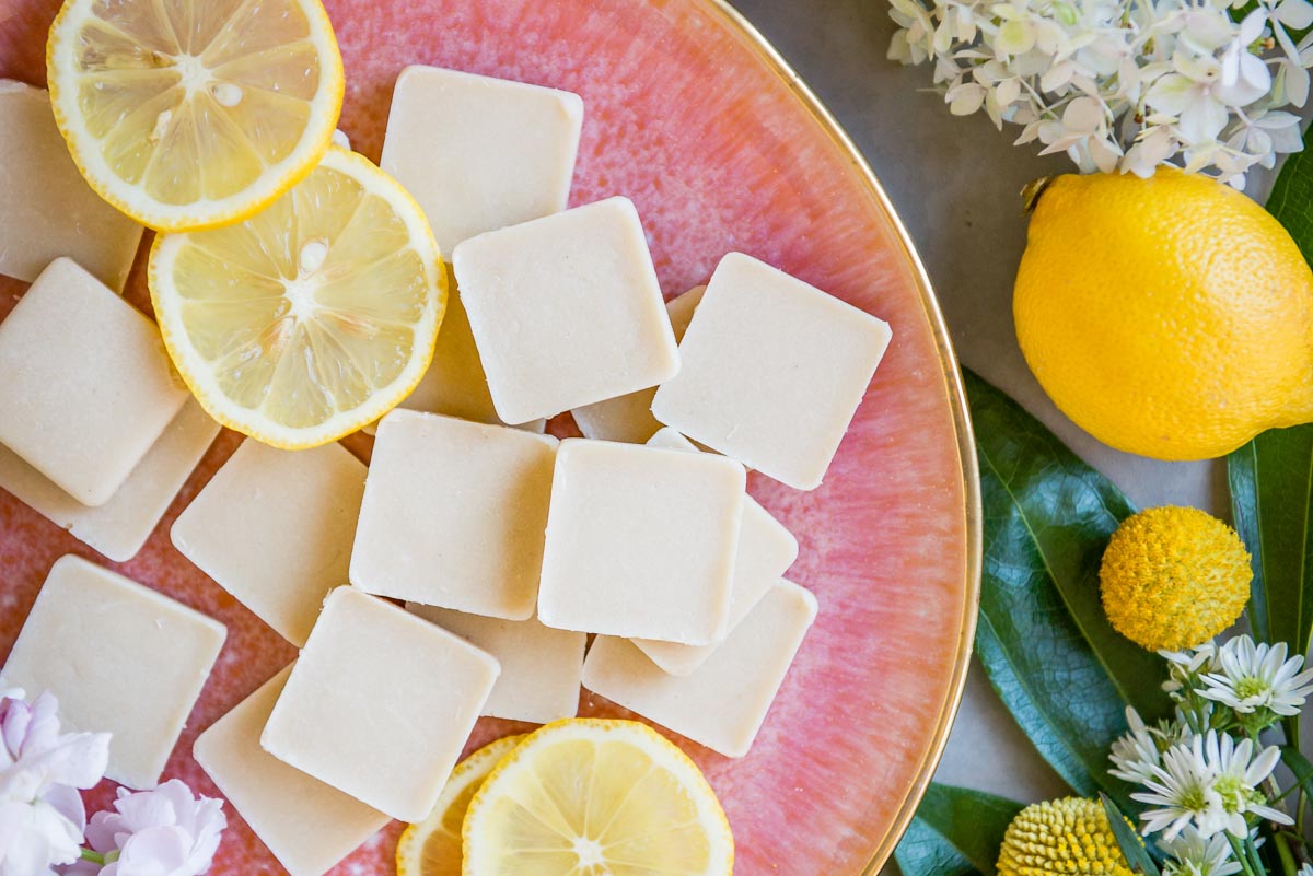 lemon meltaways on a pink tray 