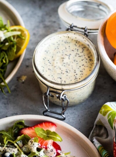 lemon vinaigrette for salad in a glass jar.