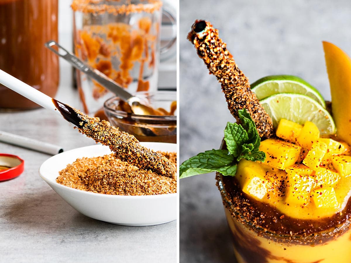 dipping straw into tamarind paste and rolling in tajin.