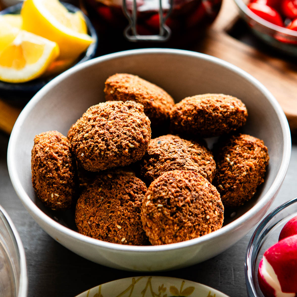 bowl of baked falafel.