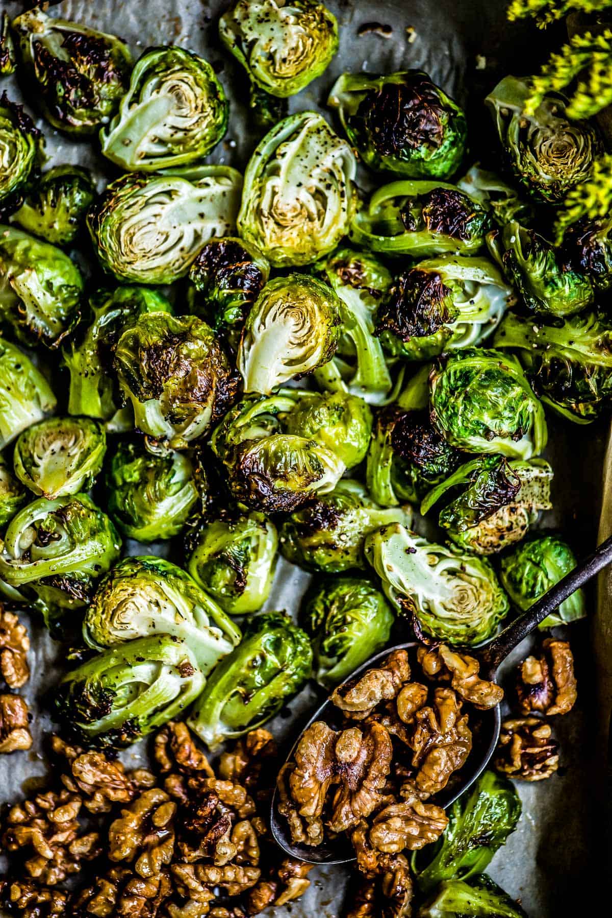 oven roasted Brussels sprouts with seasoning and charring next to candied walnuts getting scooped up by a black spoon.