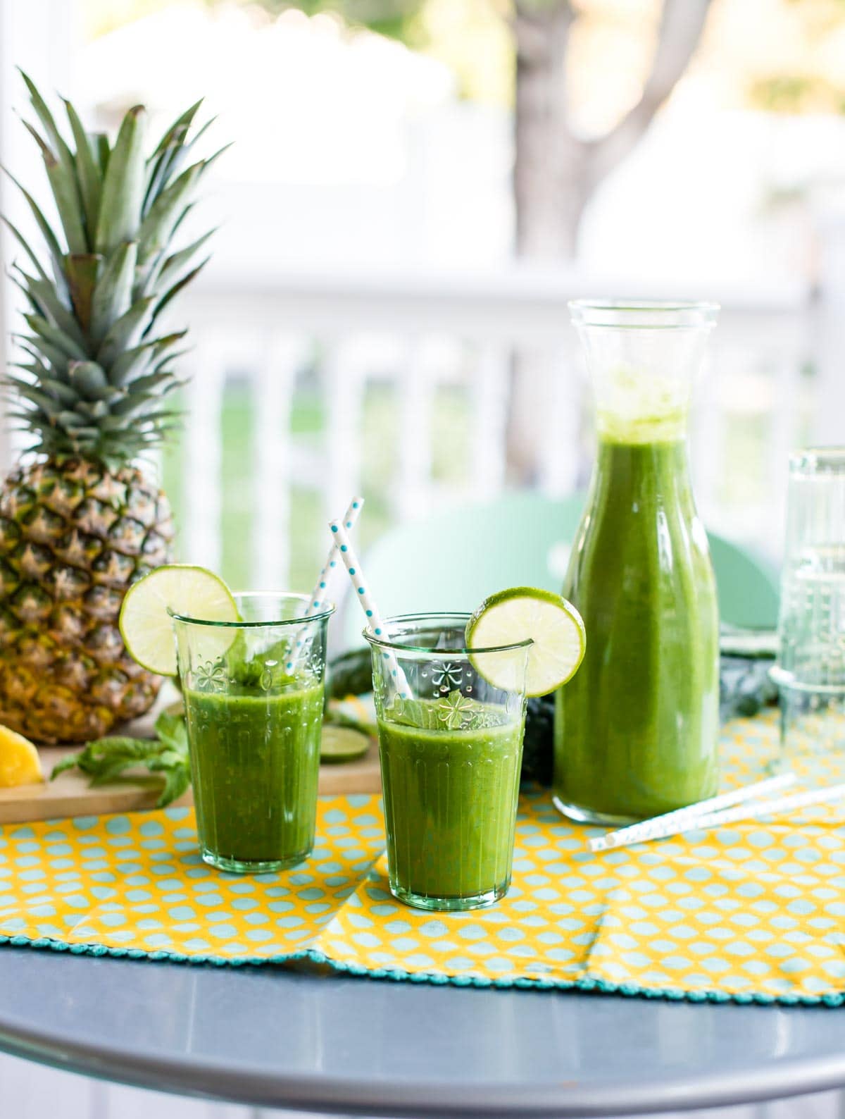 mint smoothies on a polka dot table cloth.