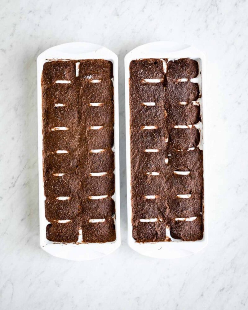 2 freezer ice cube trays full of frozen smoothie cubes.