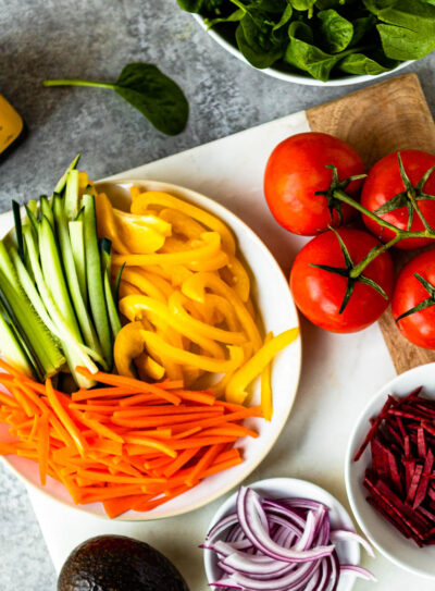 Plate of sliced vegetables on a cutting board surrounded by other veggies, ready for spring meals.