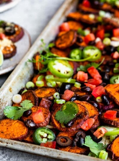 metal tray of loaded sweet potato nachos