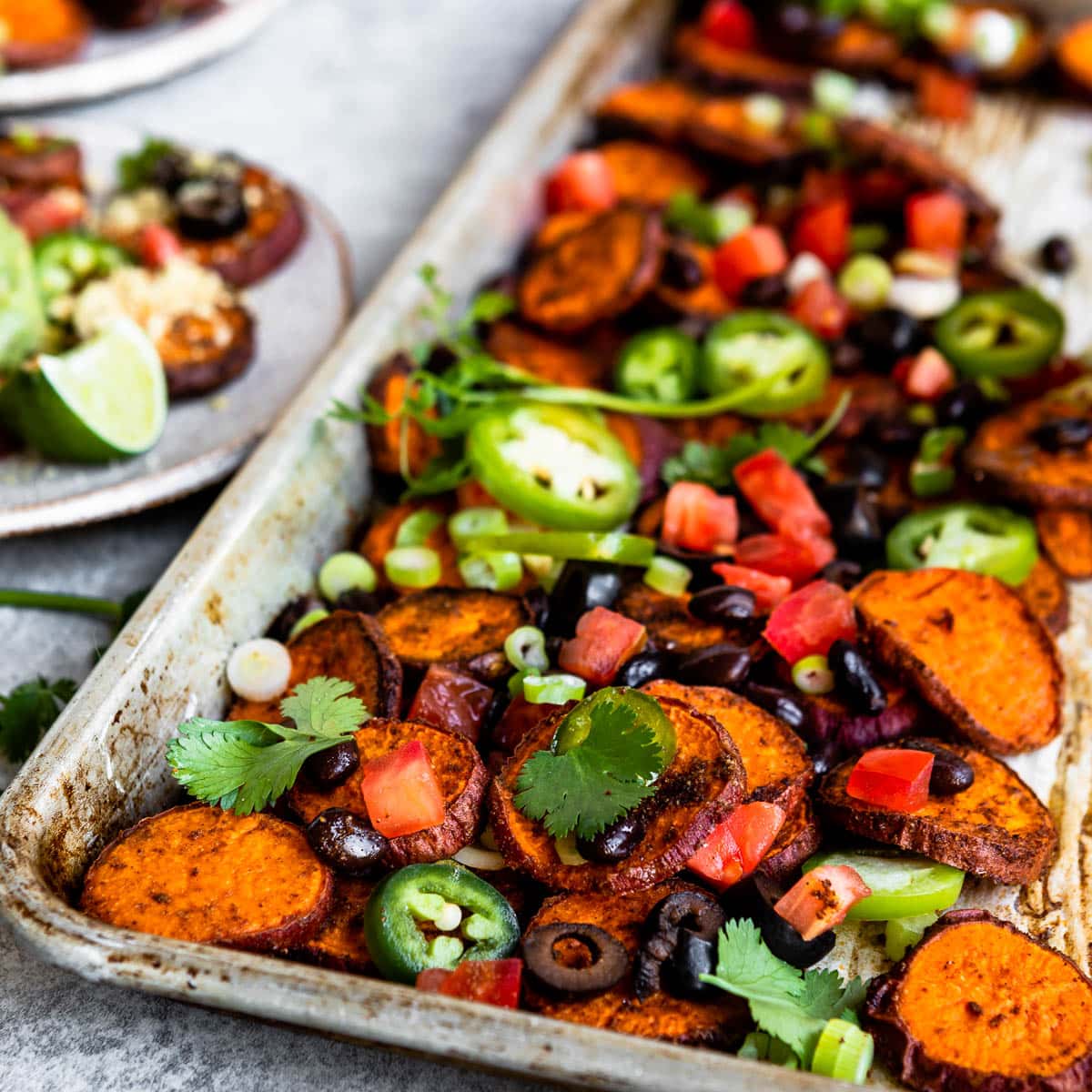 metal tray of loaded sweet potato nachos