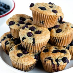 platter of vegan blueberry muffins on a gray plate.