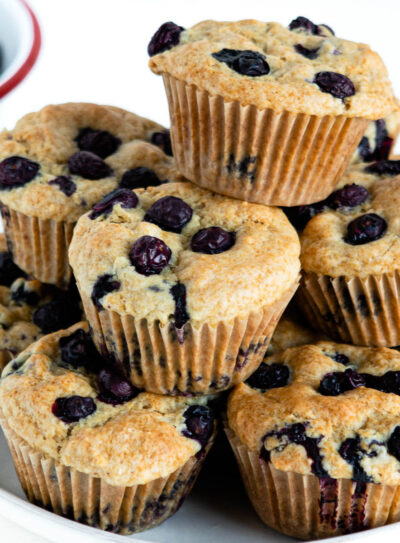 platter of vegan blueberry muffins on a gray plate.