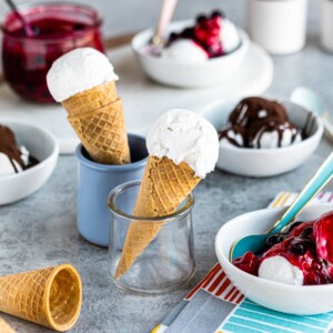 vegan ice cream scooped into sugar cones.