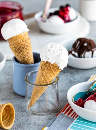 vegan ice cream scooped into sugar cones.