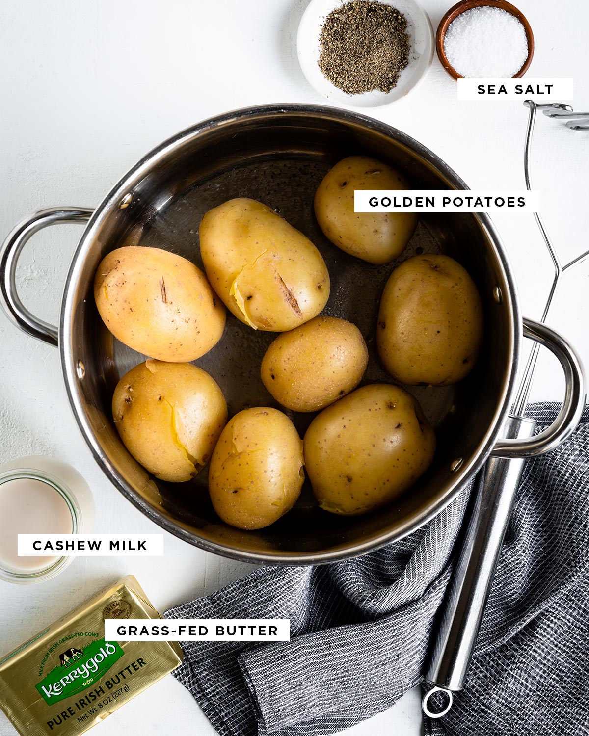 ingredients for mashed potatoes including sea salt, golden potatoes, cashew milk and grass-fed butter.