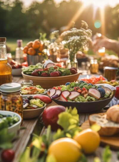 outdoor table full of whole food plant-based recipes and people ready to eat in evening.